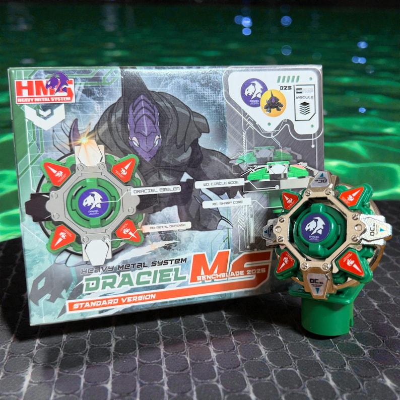 May include: A green and gold toy with red accents, labeled "DRACIEL" and "BENCHBLADE 2028." The packaging features a detailed illustration of a character and the text "HEAVY METAL SYSTEM." The toy has a circular design with a green center.
