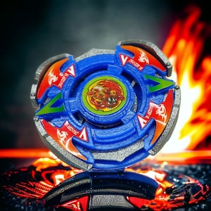 May include: A blue and red spinning top with a dragon design and the text "Blazer V" and "Drazer V".