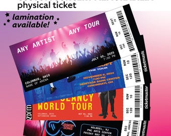 May include: A stack of custom concert memorabilia tickets with vibrant designs. The tickets feature the text "ANY ARTIST", "ANY TOUR", "WORLD TOUR", and "COUNTRY SONG". Each ticket displays event details, including dates, times, and venue locations.
