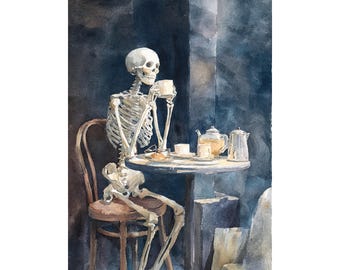 Skeleton Drinks Tea Giclée Print – Gothic Watercolor Wall Art for Coffee Bar, Halloween Décor