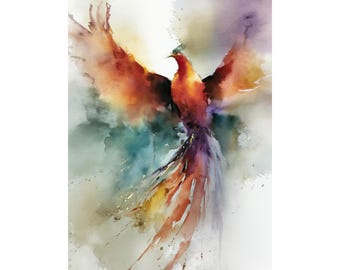 Phoenix Watercolor Giclée Print – Mythical Bird Wall Art for Living Room, Fantasy Fire Painting, Spiritual Home Décor, Halloween Poster