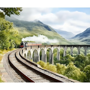 Watercolor Train Glenfinnan Viaduct Print, Scottish Highlands Landscape Wall Art, Express Railway Poster, Travel Decor Gift