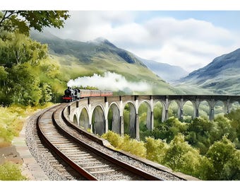 Stampa acquerello del viadotto di Glenfinnan, paesaggio delle Highlands scozzesi, poster della ferrovia espressa, regalo di arredamento da viaggio