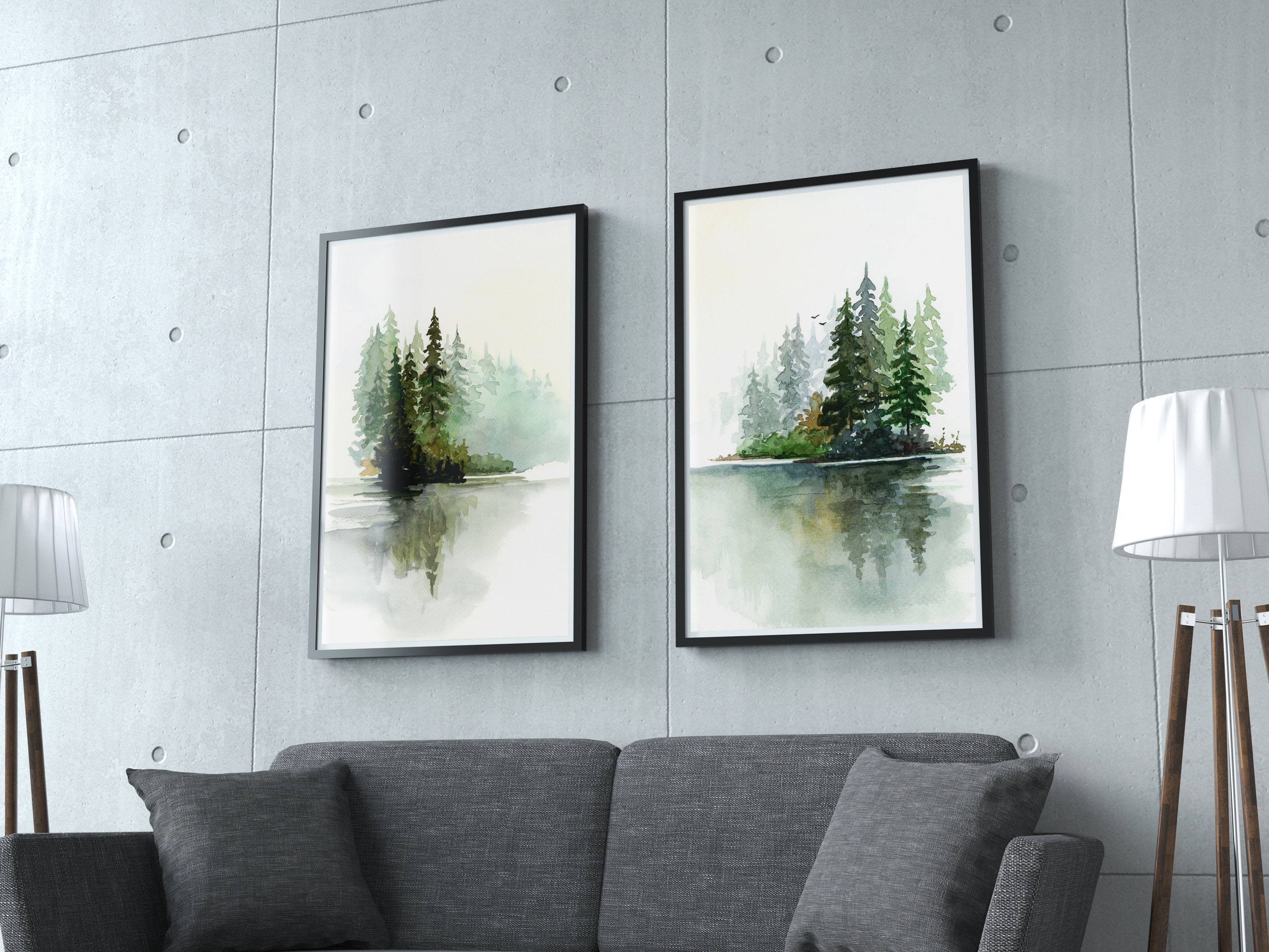 Pine Trees Art Prints Set of 2: Misty Forest Watercolor Decor, Foggy ...