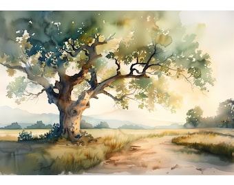 Pintura de acuarela de un paisaje rural con un roble, impresión artística de la hora dorada, póster de pared rústico de una casa de campo.