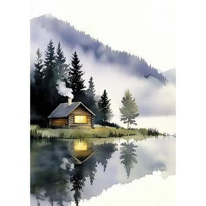 Poster acquerello "Baita di montagna nebbiosa", murale con riflessi di lago nebbioso, accogliente casa in tronchi, foresta di pini e paesaggio acquatico tranquillo, arredamento rustico nordico