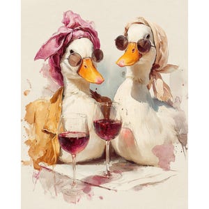 May include: Watercolour painting of two white ducks wearing sunglasses and headscarves, each holding a glass of red wine. One duck wears a pink scarf and a yellow jacket. The other duck wears a beige scarf. The background is a light beige.