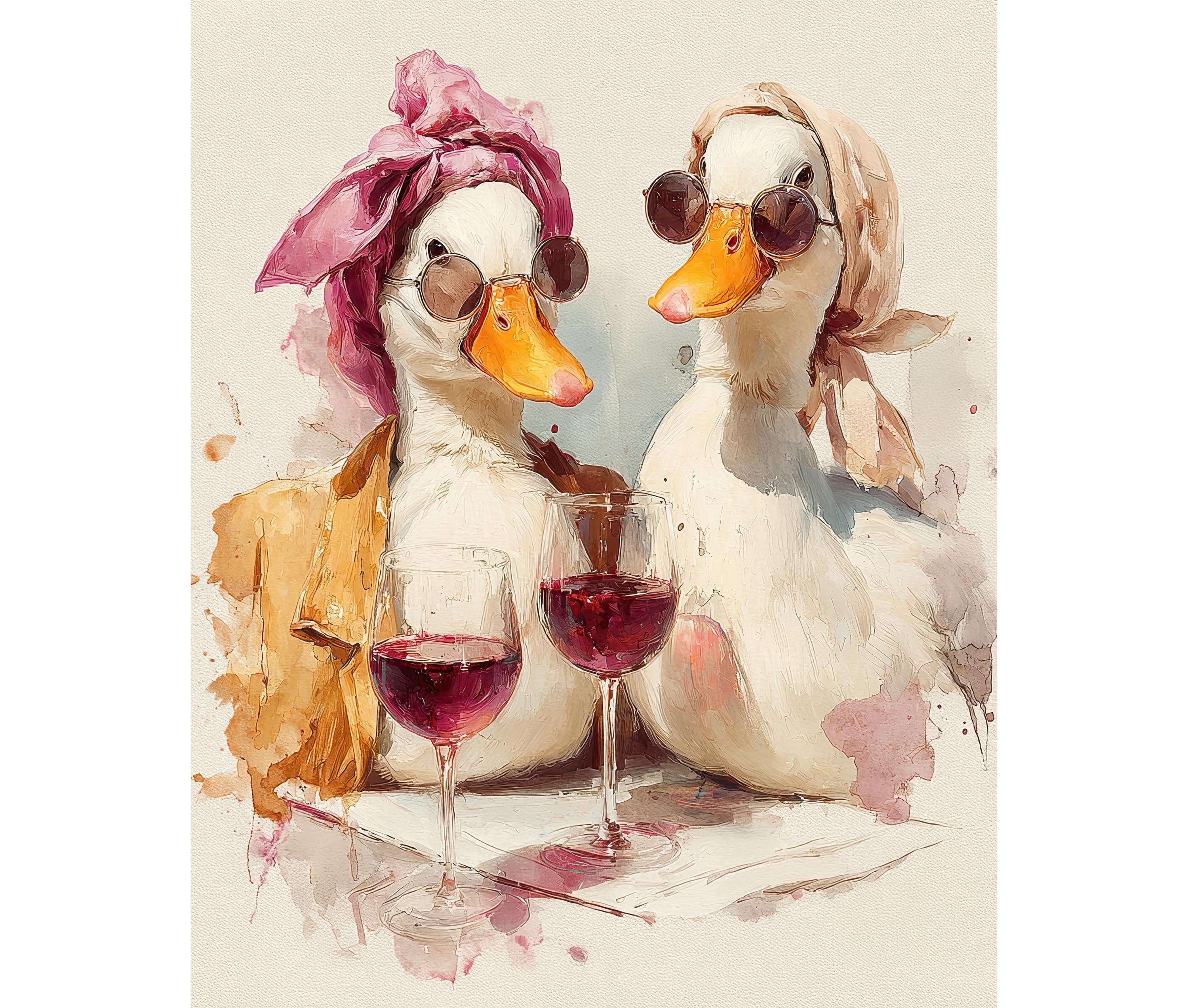 Funny Wine Ducks Watercolor Giclée Print - Whimsical Farmhouse Wall Decor, Cute Animal Art Print for Kitchen or Bar Area