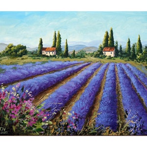 Pintura acrílica original de campo de lavanda • Arte mural de paisaje provenzal sobre lienzo • Decoración vibrante de cabañas y campos de cipreses • Regalo para ella
