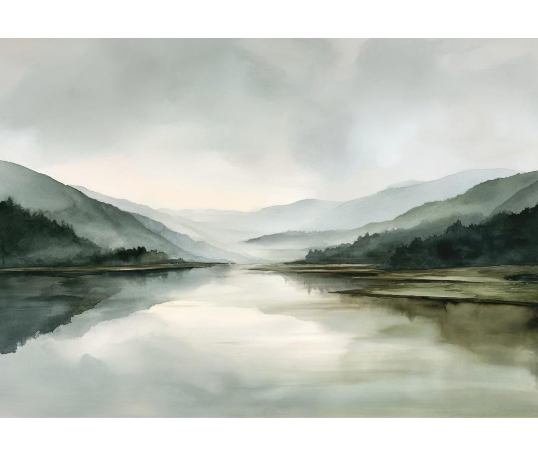 Misty Mountain Lake Watercolor Art Print – Serene Landscape Painting ...