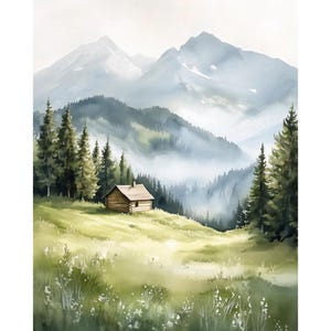 Poster da parete con acquerello "Casa di montagna con prato", stampa di paesaggio alpino nebbioso, arredamento rustico, dipinto di foresta di pini, regalo per fratelli