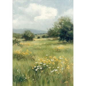 Wildflower Meadow Oil Painting Print - Impressionist Yellow Floral Field Landscape Wall Art, Peaceful Nature Décor, Summer Scenery Poster