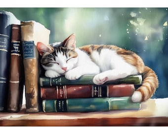 Sleeping Kitten on Antique Books Watercolor Giclée Print • Book-Lovers Cat Wall Art for Library, Reading Nook, Cottagecore Bedroom Décor
