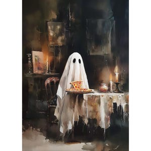 Impresión giclée de acuarela de un fantasma comiendo pizza: arte mural de Halloween para el comedor, acogedora decoración otoñal para la cocina.