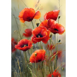 Op de afbeelding: Een schilderij van rode klaprozen met donkere centra, omringd door groene stelen en bladeren. De achtergrond is een zachte mix van geel en groen.