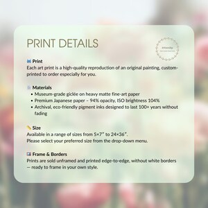 May include: Print details on a light green background. Text includes information about the art print, materials like museum-grade gicl&eacute;e on heavy matte fine-art paper, and sizes ranging from 5x7 inches to 24x36 inches.