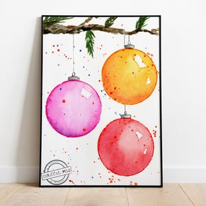 Tarjeta navideña digital con acuarela: trío festivo de bolas navideñas. Impresión artística digital. Descarga instantánea