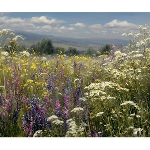 Wildflower Meadow Oil Painting Print – Colorful Field Landscape Wall Art, Cottagecore Farmhouse Decor, Vibrant Floral Field Artwork