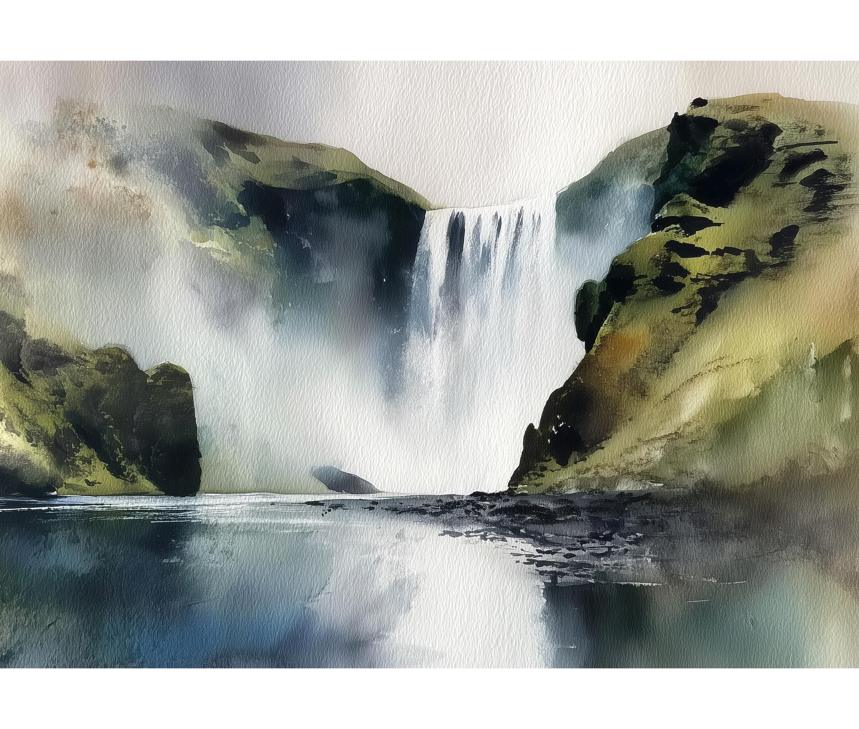 Iceland Waterfall Watercolor Art Print – Nordic Landscape Painting ...