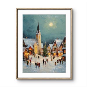 May include: An oil painting of a snowy village scene at night, framed in a wooden border. The artwork depicts a church with a tall steeple, illuminated buildings, a Christmas tree, and figures walking in the snow under a full moon.