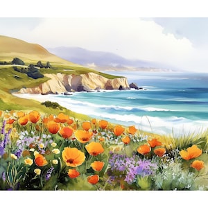 California Coastal Poppies Watercolor Print – Ocean Cliff Wildflower Landscape Wall Art, Bright Beach Cottage & Nature Décor Gift
