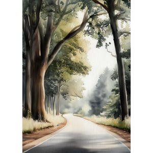 Stampa Giclée ad acquerello con strada boscosa nebbiosa che conduce all'orizzonte • Paesaggio con tunnel di alberi punteggiato di sole, decorazione da parete scandinava