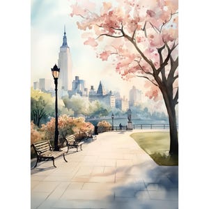 Stampa artistica ad acquerello di Central Park Spring • Poster giclée con lo skyline di New York e i suoi ciliegi in fiore • Arte murale moderna con paesaggio urbano