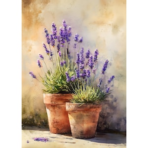 May include: Watercolor painting of two terracotta pots filled with lavender plants. The lavender blooms are a vibrant purple, contrasting with the green foliage and the warm tones of the pots. The background is a soft, textured wall.