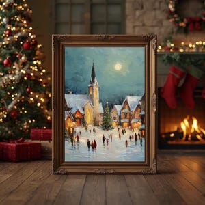 May include: A framed painting depicts a snowy village scene at night, with a church and people walking. The painting has a gold-colored ornate frame. A Christmas tree with lights and ornaments is in the background, along with a fireplace and stockings.