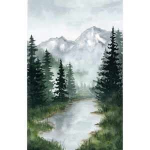 Original Watercolor Mountain Lake Painting • Misty Pine Forest Alpine Landscape • 5 × 7.5 in Cotton Paper Art • Miniature Art