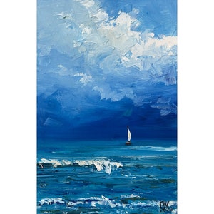 Ocean Oil Painting Original Art | Blue Ocean with Sea Boat, Marine Art, Seascape, Marine Landscape, Wall Decor | 8x5 in
