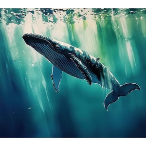Impresión de acuarela de ballena submarina • Arte mural giclée de ballena jorobada en mar esmeralda, decoración costera, póster para guardería oceánica, regalo para amantes de la vida marina