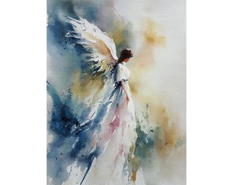 Guardian Angel Watercolor Giclée Print – Spiritual Wall Art for Bedroom or Living Room, Religious Abstract Poster