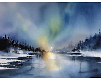 Impresión giclée en acuarela de la aurora boreal de Alaska: Luces del norte sobre un lago helado, arte mural de paisaje invernal, decoración para cabañas y refugios.