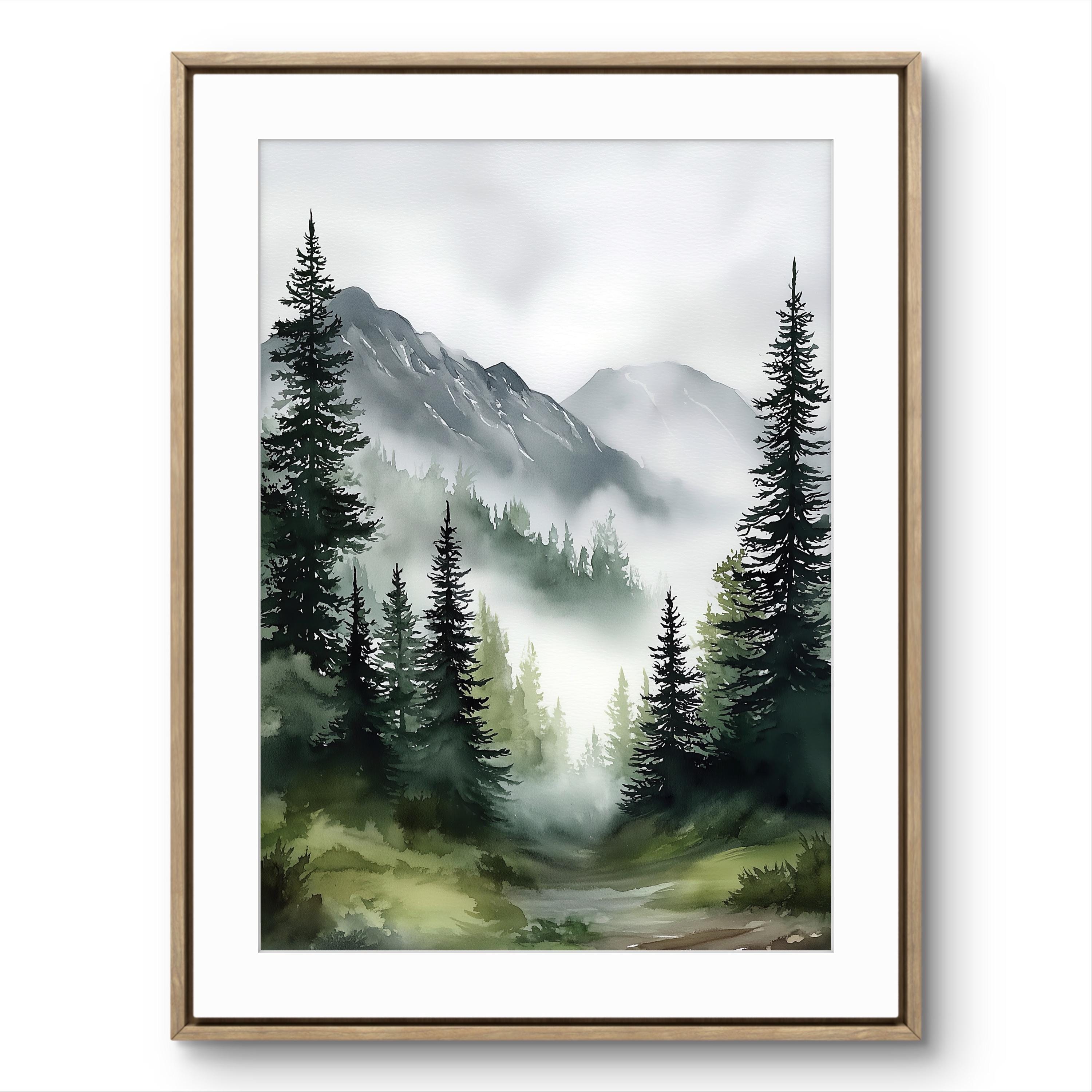 Misty Pine Forest Watercolor Print – Mountain Landscape Wall Art ...