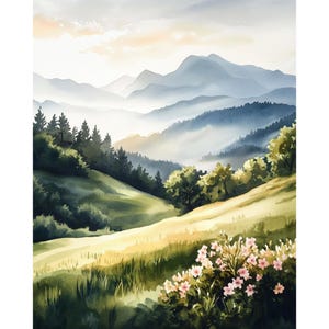 Stampa artistica da parete con prato di montagna ad acquerello • Poster con paesaggio alpino nebbioso • Decorazione rustica per cottage • Dipinto con valle floreale • Regalo di anniversario
