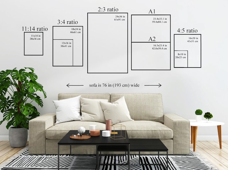 May include: A living room scene with a beige sofa, black coffee table, and a black and white striped rug. Various print sizes are displayed on the wall, including 11x14 in, 18x24 in, 24x36 in, and A1 and A2 sizes. The sofa is 76 inches wide.