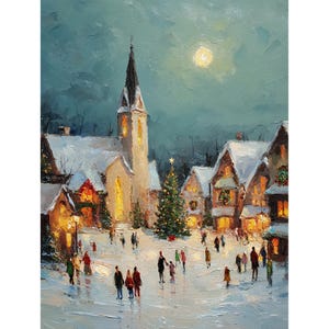 May include: An oil painting depicts a snowy Christmas scene with a church, houses, and a decorated Christmas tree. The painting features a full moon, warm interior lights, and figures walking in the snow.