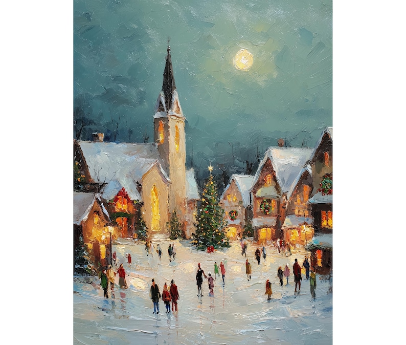 May include: An oil painting depicts a snowy Christmas scene with a church, houses, and a decorated Christmas tree. The painting features a full moon, warm interior lights, and figures walking in the snow.