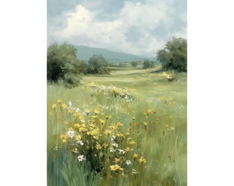 Meadow Landscape Giclée Art Print – Yellow Wildflower Field Wall Art, Soft Impressionist Nature Decor for Living Room