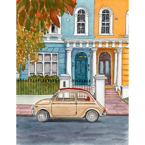Vecchia architettura pittura originale acquerello arte strada di città inglese opera d'arte paesaggio urbano urbano schizzo arte della parete auto retrò paesaggio estivo