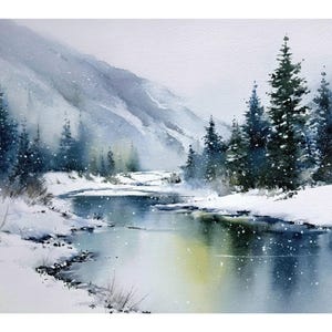 May include: Watercolour painting of a snowy winter scene. A river winds through a snow-covered valley, flanked by evergreen trees and a distant mountain range. The sky is overcast, and snowflakes are falling.