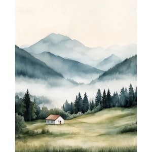 Stampa artistica da parete con acquerello di montagna nebbiosa • Poster giclée neutro scandinavo • Decorazione per la casa con paesaggio forestale • Regalo per fratelli