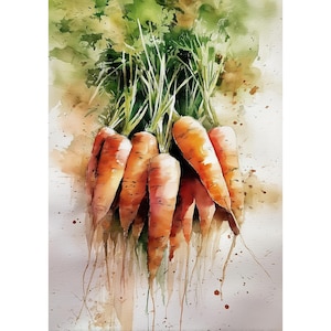 May include: Watercolor painting of a bunch of carrots with green tops and long, thin roots. The carrots are orange with a gradient of lighter orange and white. The background is a light beige with green and brown paint splatters.