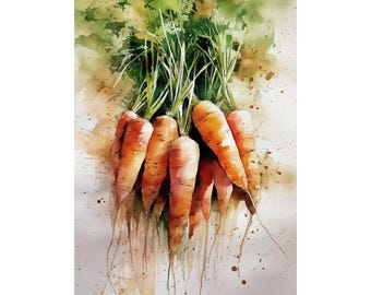 May include: Watercolor painting of a bunch of carrots with green tops and long, thin roots. The carrots are orange with a gradient of lighter orange and white. The background is a light beige with green and brown paint splatters.