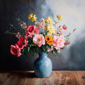 Pintura al óleo con estampado giclée de un ramo floral llamativo, bodegón de peonías y rosas en jarrón azul cuadrado, decoración vibrante para cocina, comedor y pared con estilo cottagecore.