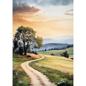 May include: Watercolor painting of a rural landscape featuring a winding dirt road through a grassy field. A large tree stands prominently, with rolling hills and a sunset sky in the background. The color palette includes greens, yellows, and oranges.