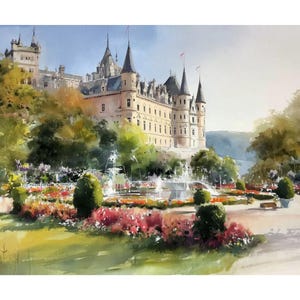 Puede incluir: Pintura a la acuarela de un gran castillo con múltiples torres con agujas, sobre un cielo azul. El castillo está rodeado de exuberante vegetación, vibrantes parterres de flores y una fuente. La obra captura un paisaje sereno.