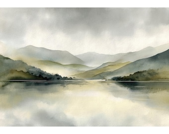 Soft Misty Valley Watercolor Giclee Print – Minimalist Mountain Landscape, Neutral Green Wall Art, Large Poster 24x36