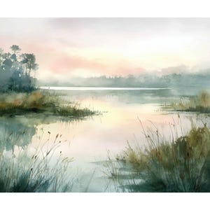 Peut inclure: Peinture à l'aquarelle d'une scène de lac sereine. L'œuvre présente une palette de couleurs douces de verts, de bleus et de roses, avec de hautes herbes au premier plan et des arbres sur la rive lointaine. L'eau reflète le ciel et le paysage.